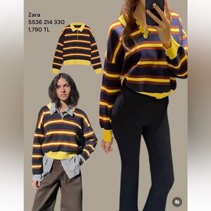 ZARA Striped Yellow Navy Brown Knit Polo Sweater